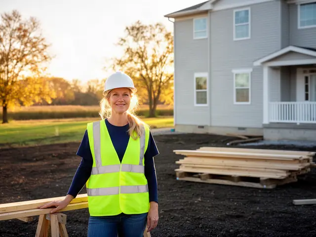 A builder in a hard hat and safety vest on a home construction site.