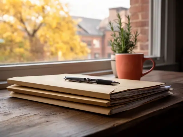 A neat stack of closed manila folders and a pen on a desk by a window.
