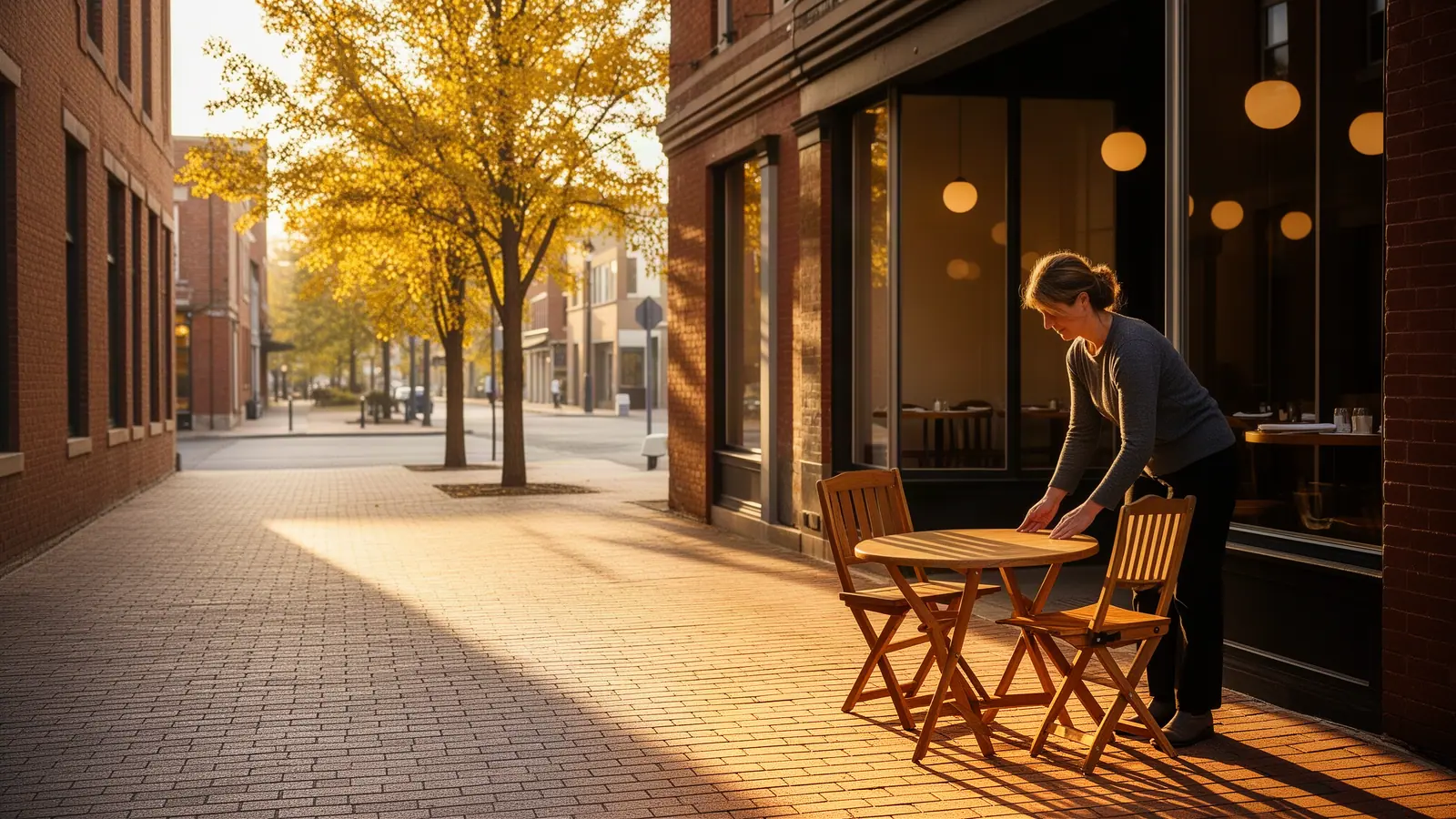 A restaurant owner setting bistro tables out on her sidewalk patio in golden evening light.