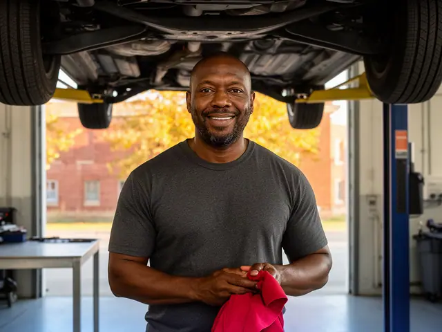 An auto-repair shop owner in a service bay under a lifted car.