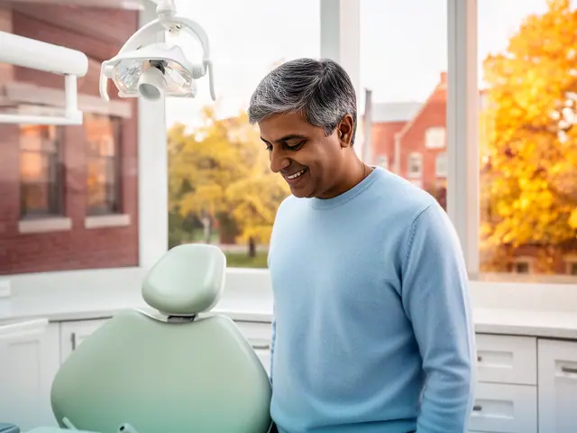 A dentist standing beside a dental chair.