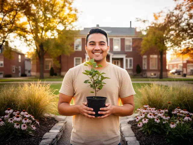 A landscaper holding a potted plant in a new front-yard bed.