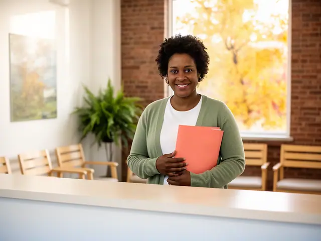 A clinic office manager holding a folder behind a reception counter.