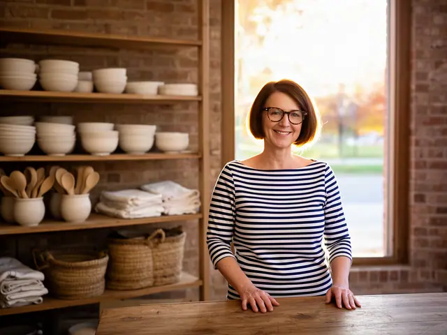 A shop owner behind the counter of a small home and kitchen shop.