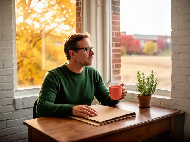 A man with short brown hair and black-framed glasses at a desk with a folder and a mug in a small back office.