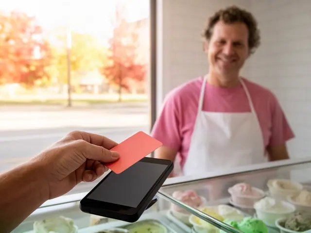 A customer taps a card on a counter terminal at a small ice-cream shop.