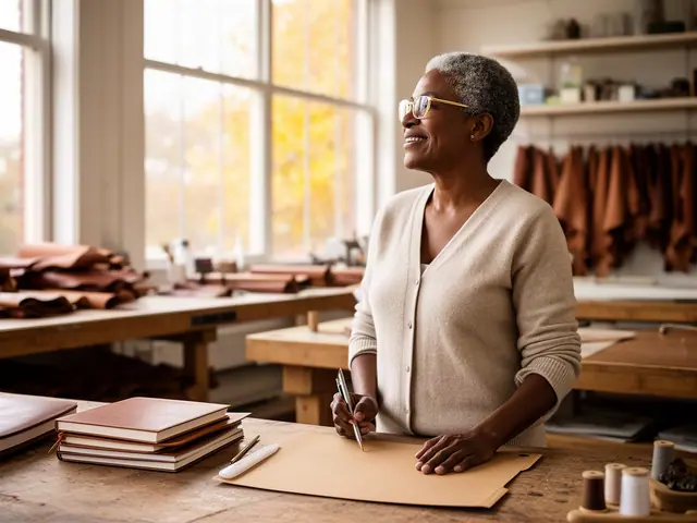 A woman with short natural gray hair and gold-framed glasses at a work table with a closed folder in a small hand-bound journal studio.